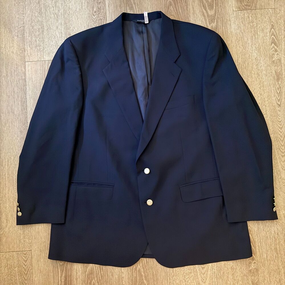 VTG Burberry Men's 44R EST. Navy Blue Wool Blazer Gold Buttons Sport Coat Jacket